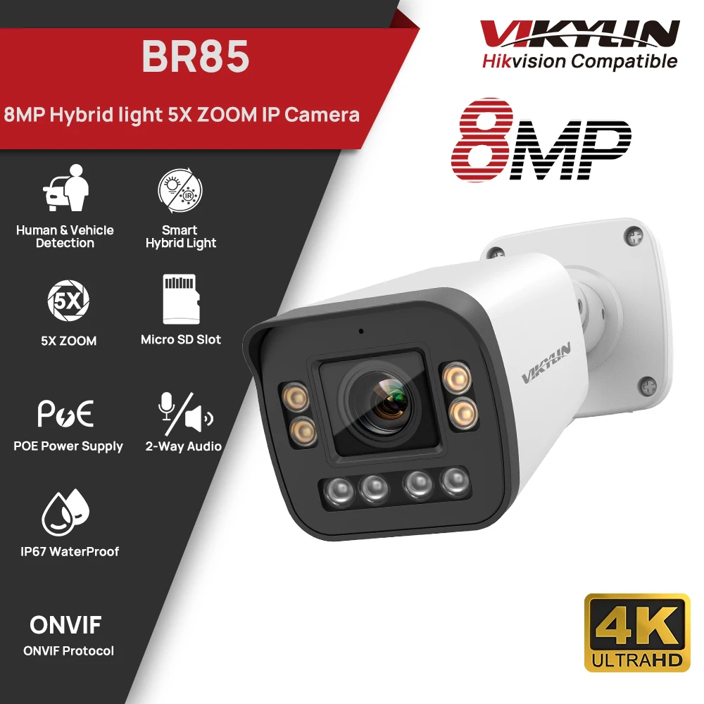 VIKYLIN 4K 8MP 5X Zoom Bullet IP Camera SD Card Slot 2-way Audio Surveillance IP Camera IP66 Onvif Home CCTV POE Security Camera