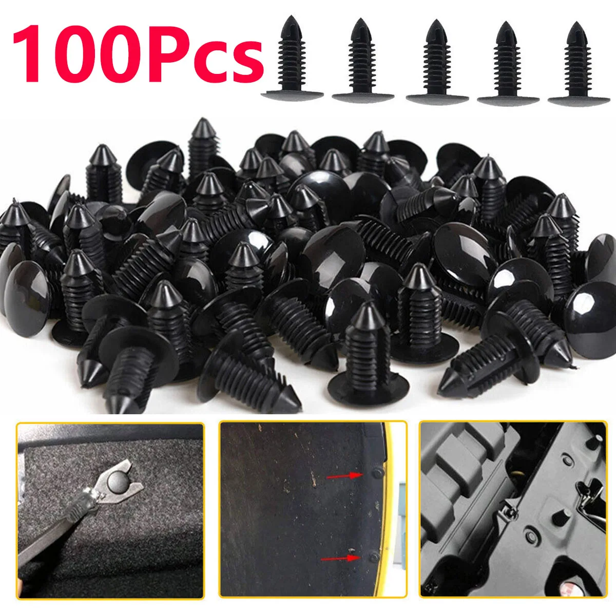 

100Pcs Black Plastic Rivets Clips For 5mm 6mm 7mm 8mm Auto Fasteners Car Trunk Roof Door Trim Panel Retainer Vehicle Universal