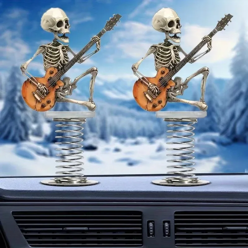 2D Rock‑Style Skull Guitar Spring Swing Car Hanging Ornament Creative Personalized Auto Interior Decoration Small Accessory