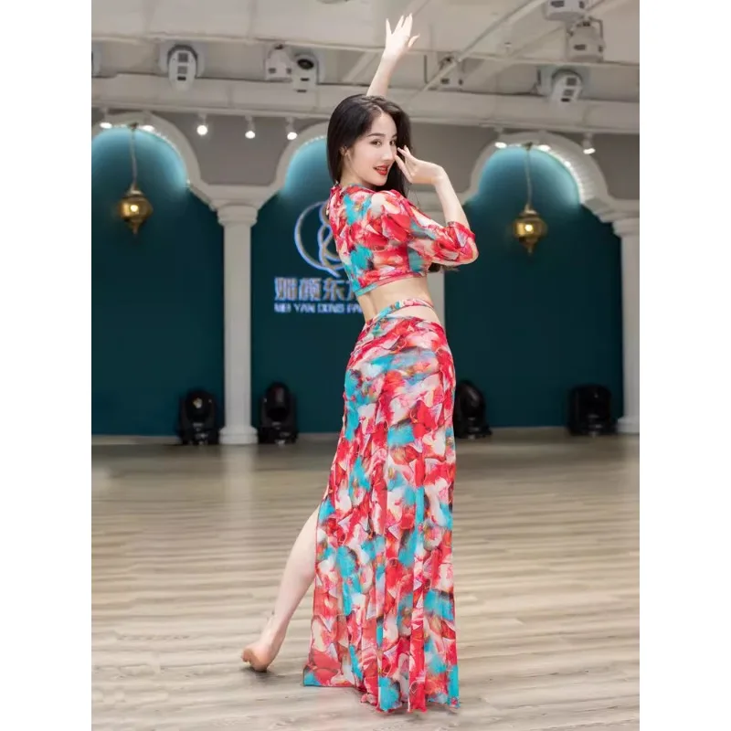 Customized Belly Dance Dress Female Sexy High End Mesh Practice Clothes Performance Costumes Cheap Price Printed Tops and Skirts