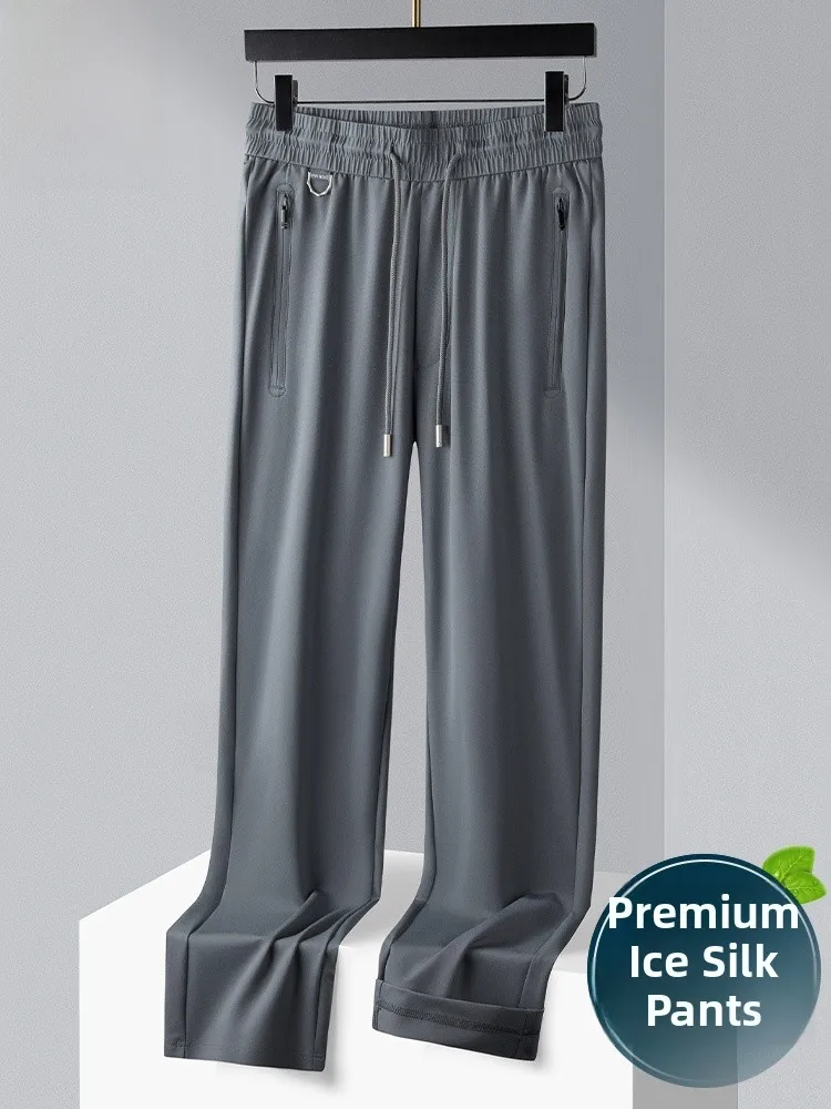 

Мужские летние тонкие брюки из ледяного шелка с высокой эластичностью, свободные прямые повседневные брюки, быстросохнущие спортивные брюки с высокой талией, длинные брюки