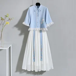 Vestido tradicional de gasa China Hanfu para mujer, conjunto de Falda plisada blanca y Top de manga corta, traje moderno de talla grande 3XL, Verano
