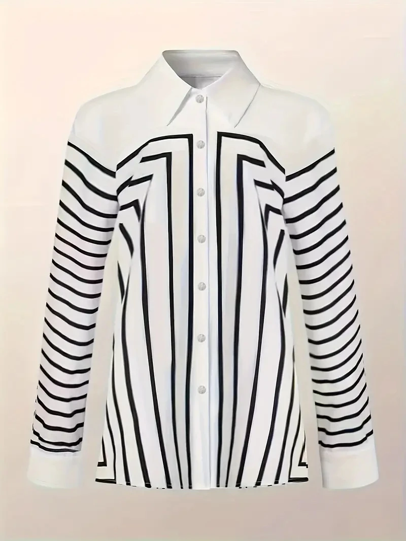 Women\'s Shirts & Blouses,Elegance Black and White Line Print Button Shirt,2024 Spring & Summer Plus Size Female Clothing Blouses