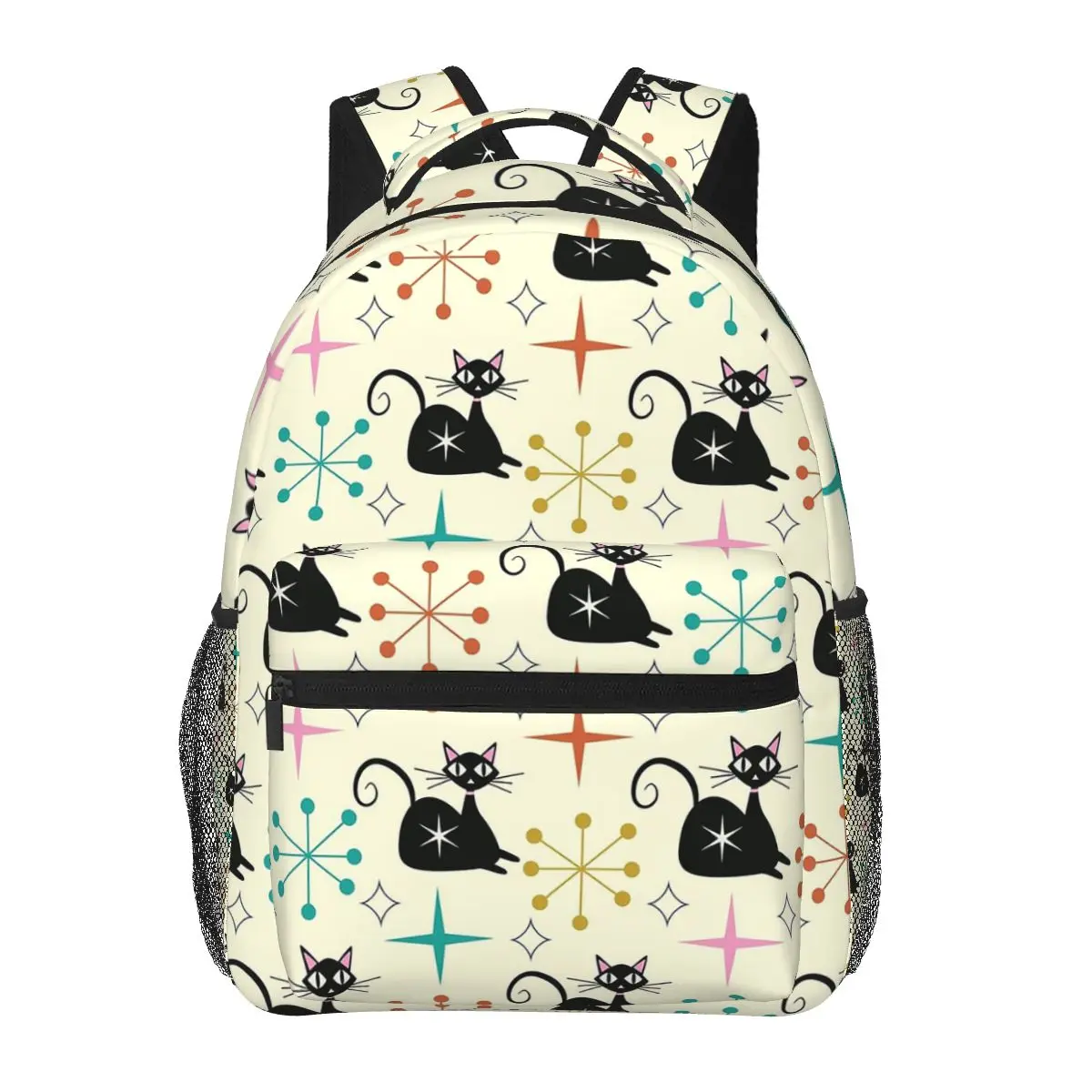 Mid Century Black Atomic Cat With Starbursts Student Backpack School Bag Daypack for Men Women Fashion Bookbag Shoulder Bags
