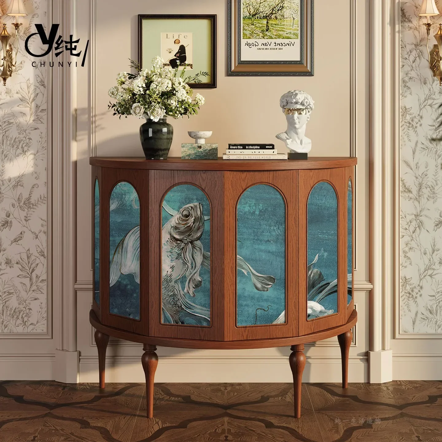 A  Vintage Style Solid Wood Entryway Cabinet French Half-Round Side Cabinet Living Room Wall-Mounted Storage Decorative Cabinet
