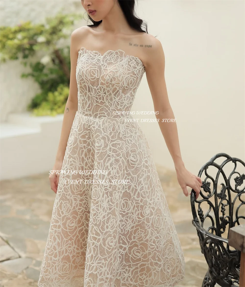 SPRAYING Robe de soirée élégante en dentelle scintillante, épaules dénudées, sans bretelles, ligne a, longueur thé, robe de soirée formelle personnalisée