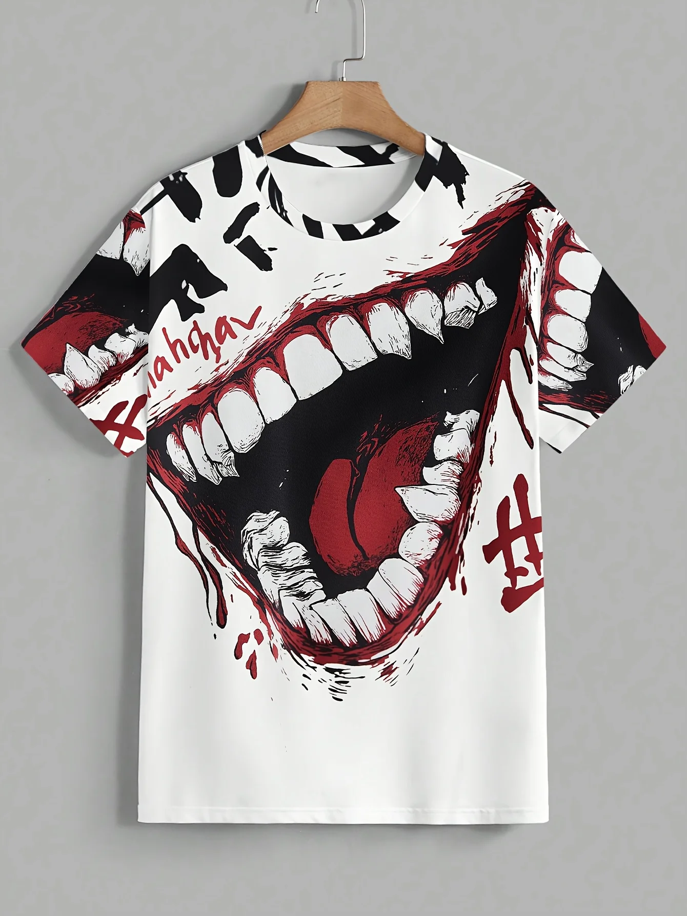 Men White Base Horror Big Mouth Teeth Blood Splash Print T-shirt O-neck Short Sleeve Hip Hop Street Casual Tops