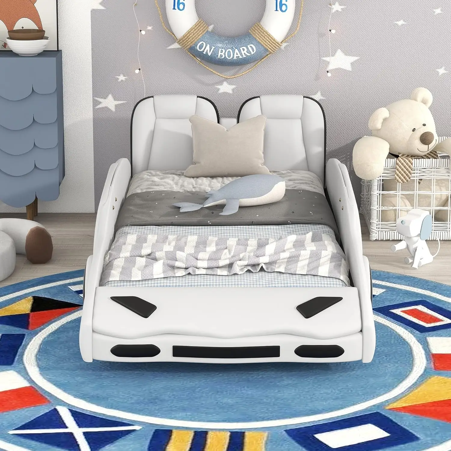 Letto per auto per ragazzi di dimensioni doppie, telaio per letto in legno con piattaforma a forma di auto da corsa con ruote e entrambi i lati, supporto per stecca, mobili giocattolo per bambini