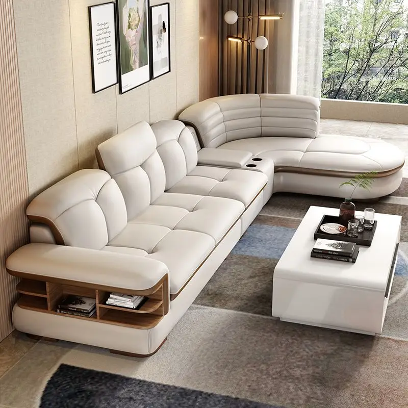 Curved leather sofa, Italian minimalism, corner multi-function full set combination