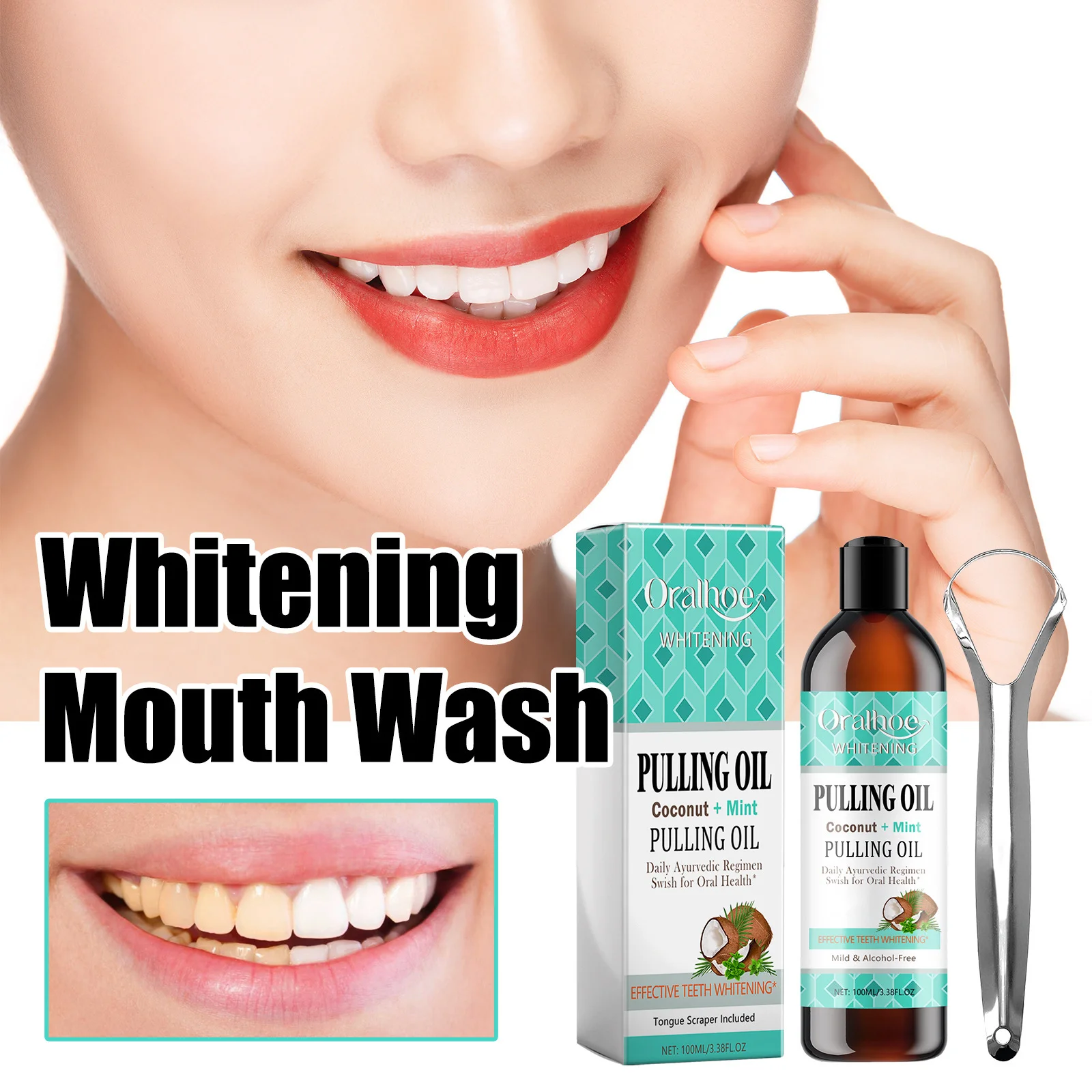 Coconut Mint Pulling Oil Mouthwash Clean Fresh Oral Breath Odor Removal Tongue Scraper Set Alcohol-Free Whiten Tool Mouth Care