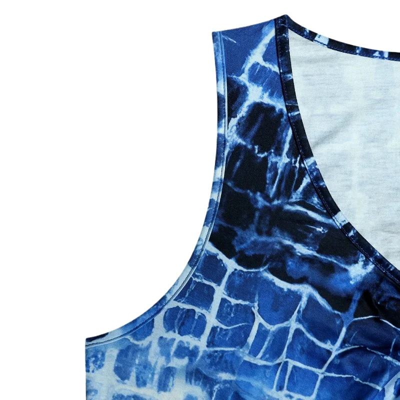 

Повседневное женское короткое платье больших размеров, летнее, без рукавов, с синим принтом, для отпуска, пляжное, сарафан, женское платье с V-образным вырезом в богемном стиле