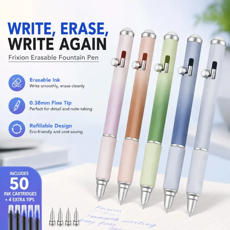 Refillable Erasable Ink Fountain Pen 0.38mm Retractable Push Button for Students Writing