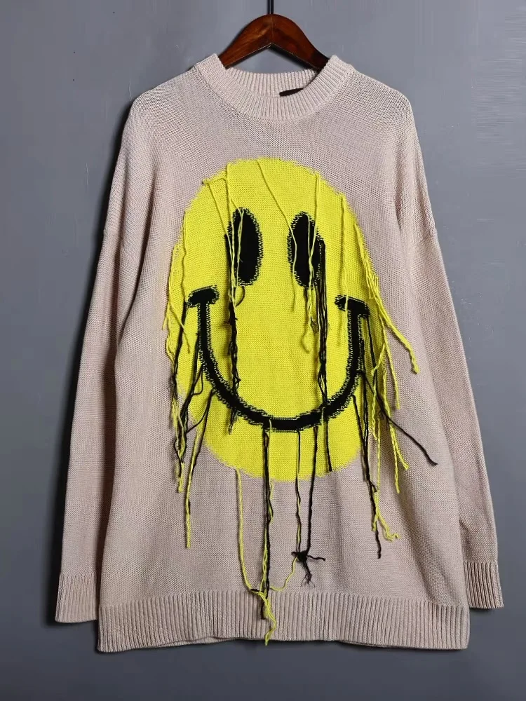 2026 autumn and winter new product loose smiling face tassel embroidered sweater jacquard long sleeved knitted sweater