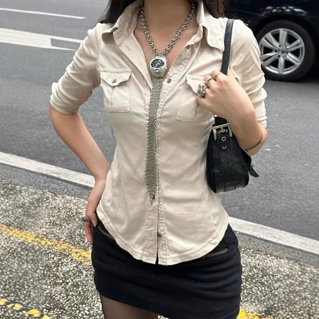 Women Vintage American Cargo Short Sleeve Shirt Lapel Double Chest Pockets Front Ruched Slim Cropped Y2K 2000s Streetwear Blouse