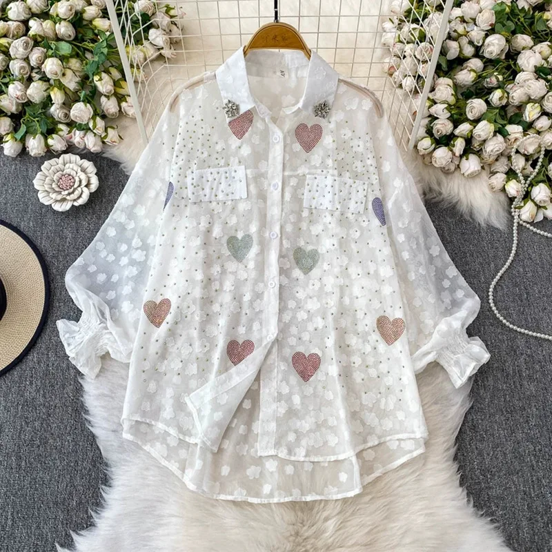 

Уникальный дизайн, рубашка в форме сердца со стразами и отложным воротником, рукавами-фонариками, солнцезащитная рубашка для женщин, летняя свободная рубашка средней длины