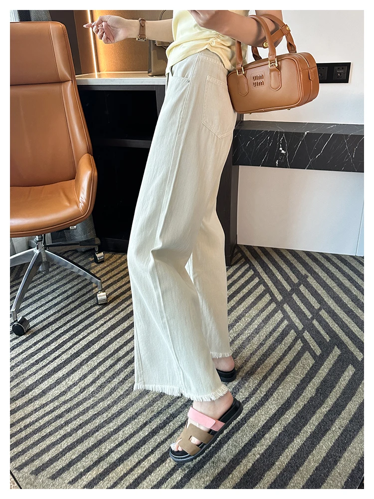 

High Waist Wide Leg Jeans Thin Loose Fit Elastic Hem Nine Points Loose Pants for Pear aped Slimming Effect Autumn 2024