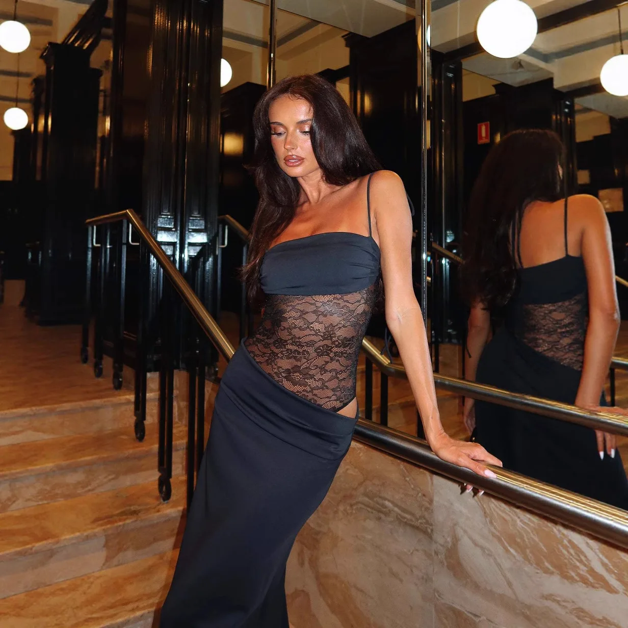 2025 sommer Elegante Sexy vintage Spitze Strap Perspektive Amerikanischen Retro stil Taille Streetwear Bodycon Frauen Lange abendkleid