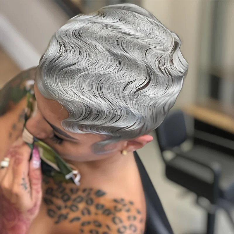 رمادي اللون باروكة من شعر طبيعي الطبقات عابث قطع شعر مستعار مع الانفجارات قصيرة غريب شعر بشري مجعد كامل آلة شعر مستعار للنساء مريحة #1