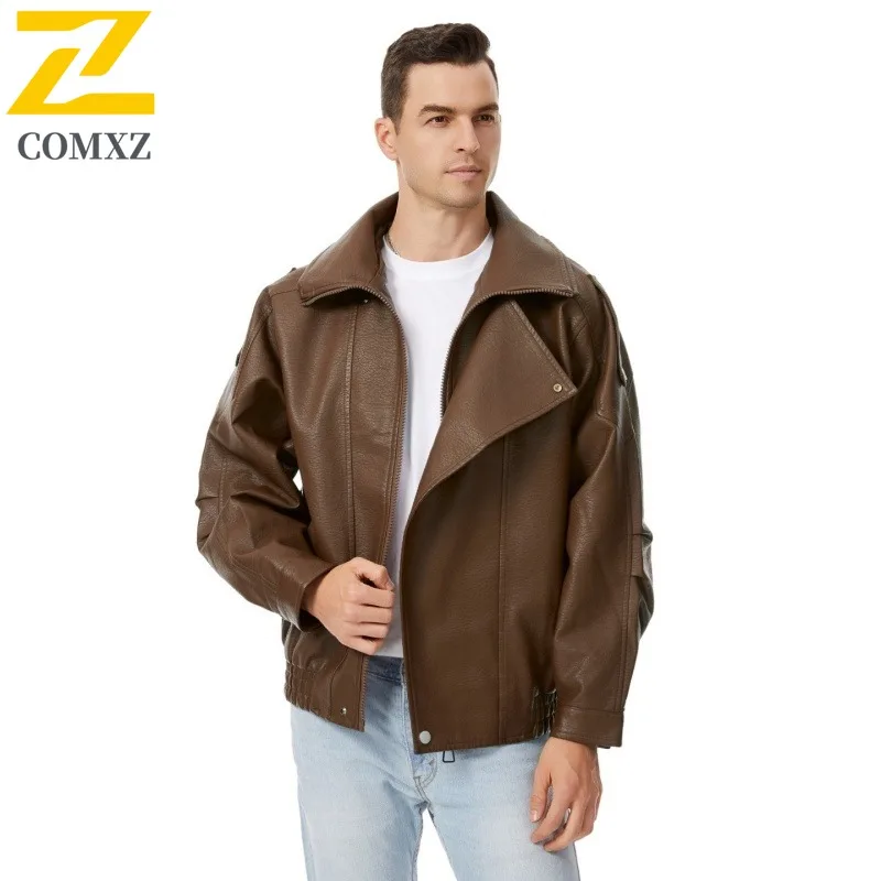 

COMXZ Luxury Men Leather Jacket New Turndown Collar Hip Hop Windproof Motorcycle Coat American Fashion Comfort Autumn Clothes