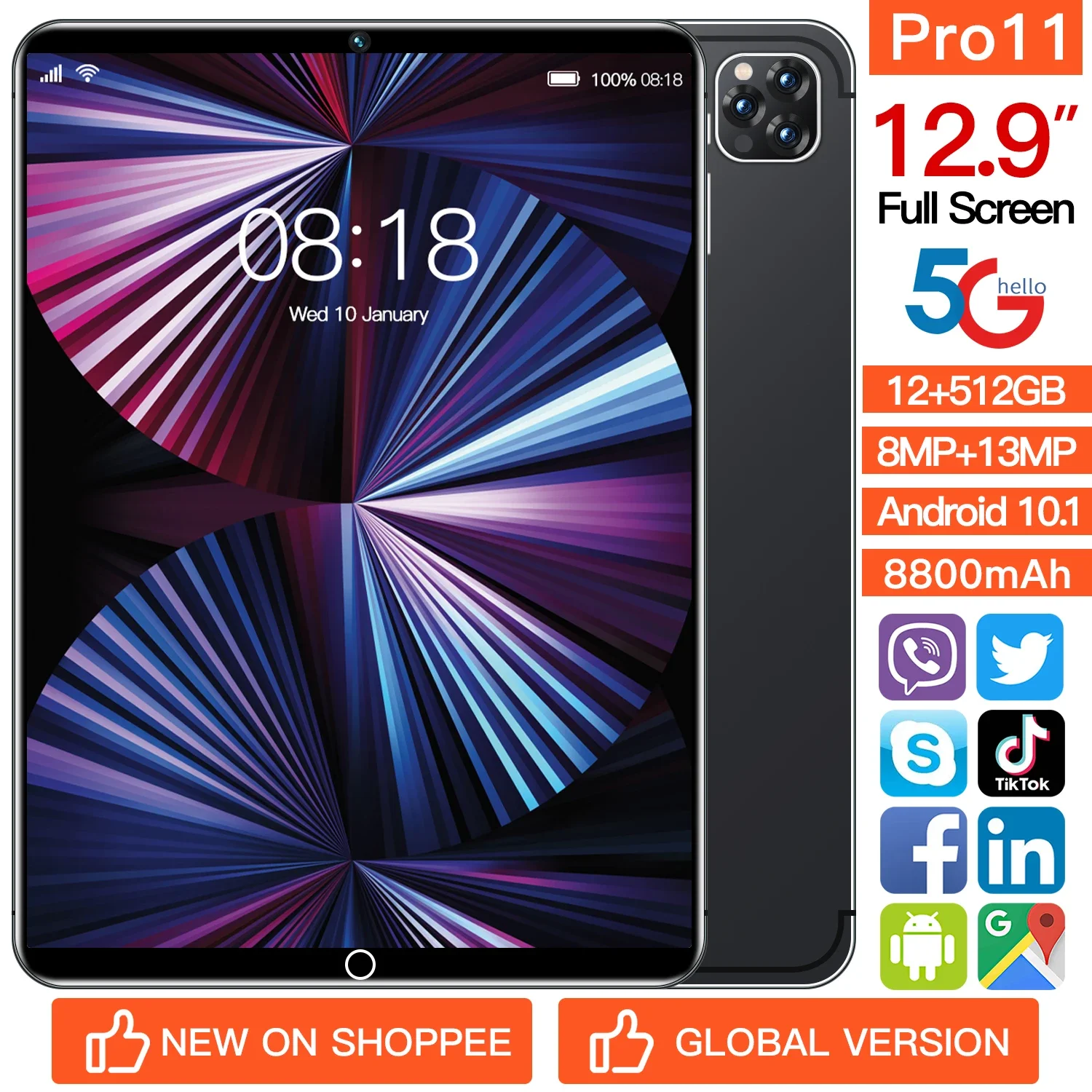 

Pro 11 Android Tablet - Large Capacity Memory and High Resolution Camera, 12.9 Inch HD Screen and GPS Satellite Positioning