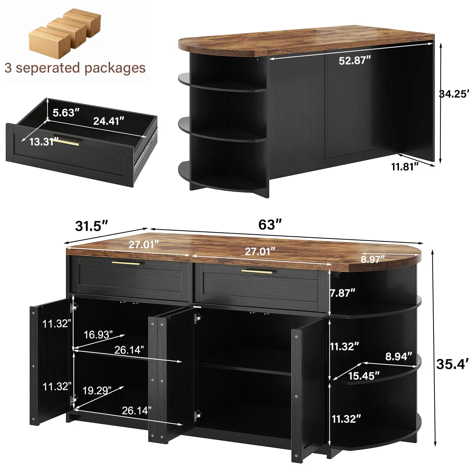 63 Inch Kitchen Island With Storage & Seating, Rustic Brown, Customized