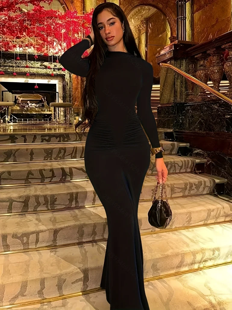 Dress with wrinkled design | Slim-fit long-sleeved elegant women's clothing, new product for the autumn of 2026