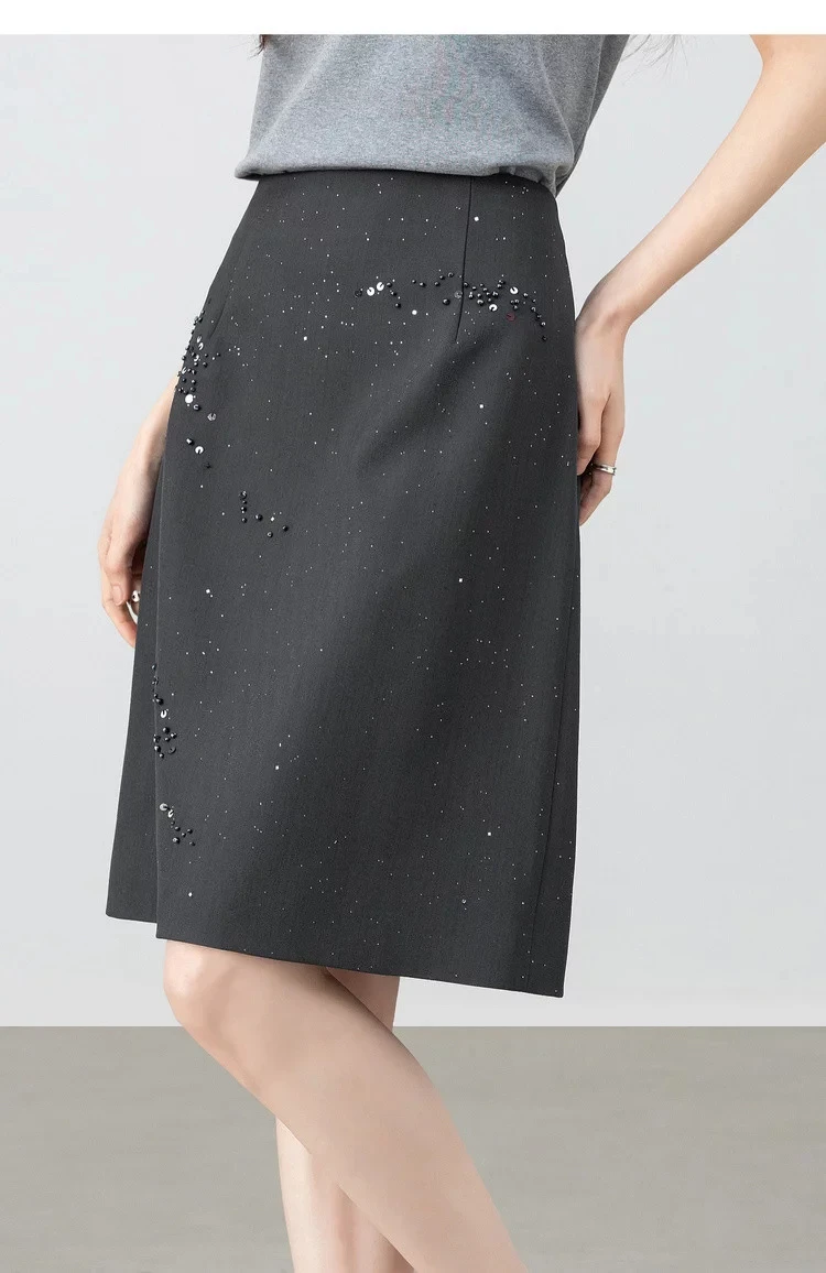 SENTUBILA Damen Schwarzer Gerader Rock 2026 Sommer Eleganter Modischer Perlenstickerei Silber Schimmernder Büro-Rock 162QF6640 – Detail 22