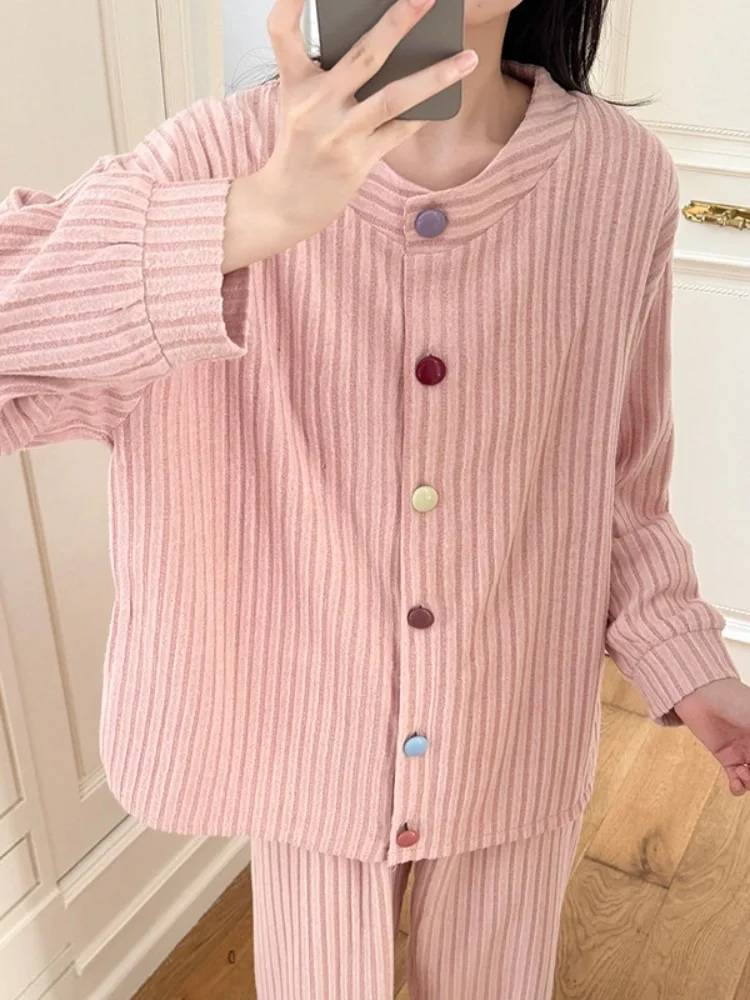 Bottone monopetto addensato Conjuntos caldi Set da 2 pezzi a righe larghe casual da donna Set di pantaloni a vita alta alla moda