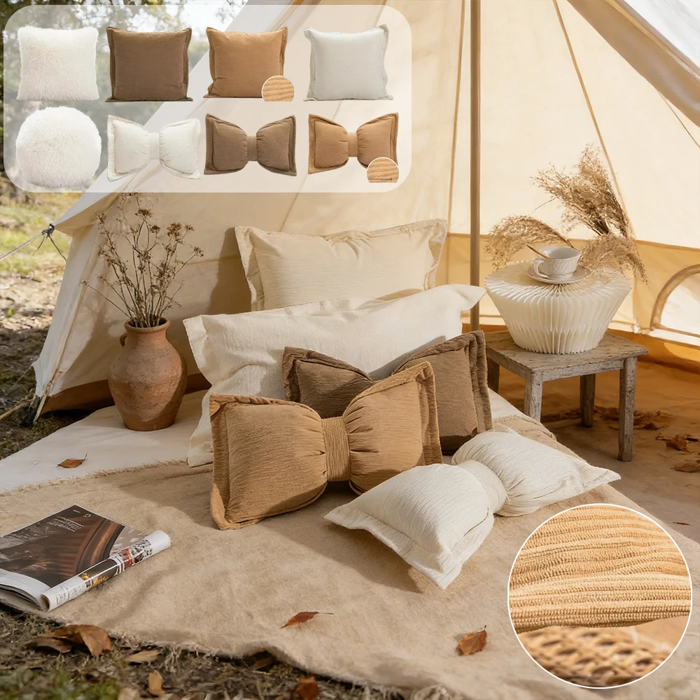 

Cute Bow Ins Thick Pillowcase Solid Color Princess Style Cushion Covers Decorative Throw Pillow Case for Sofa Chair Funda Cojin