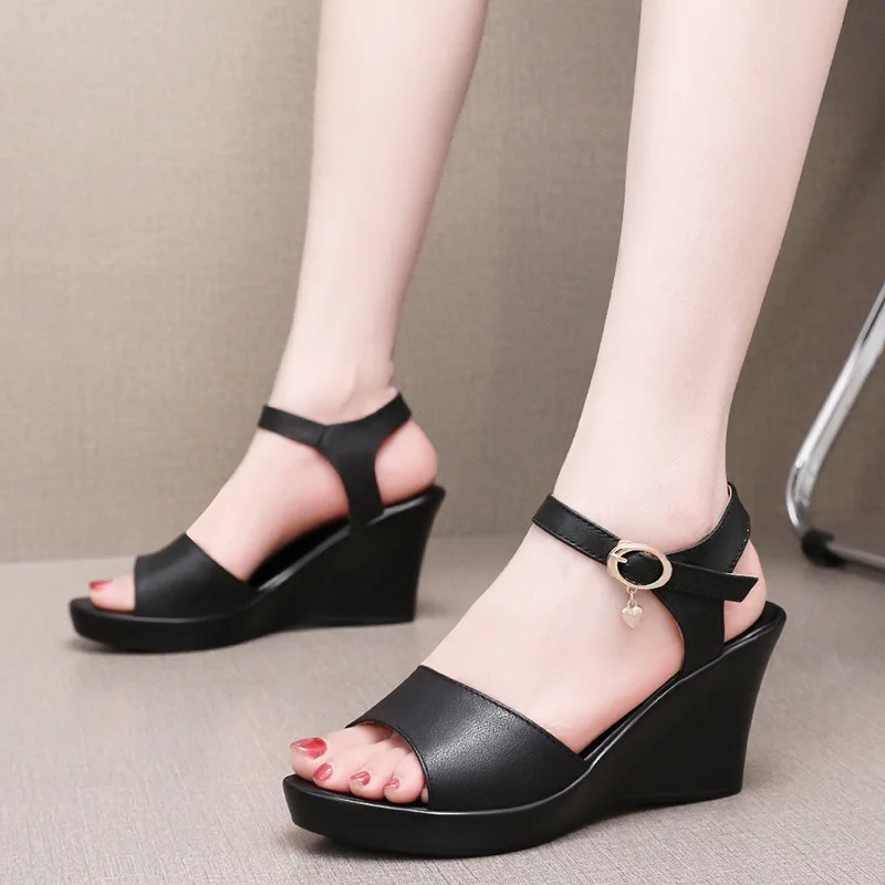 Size 33 34 37 38 39  41 Fashion Genuine Leather Peep Toe Women\'S Heel Summer 2024 Shoes Female Wedge Heel Woman Sandals Platform