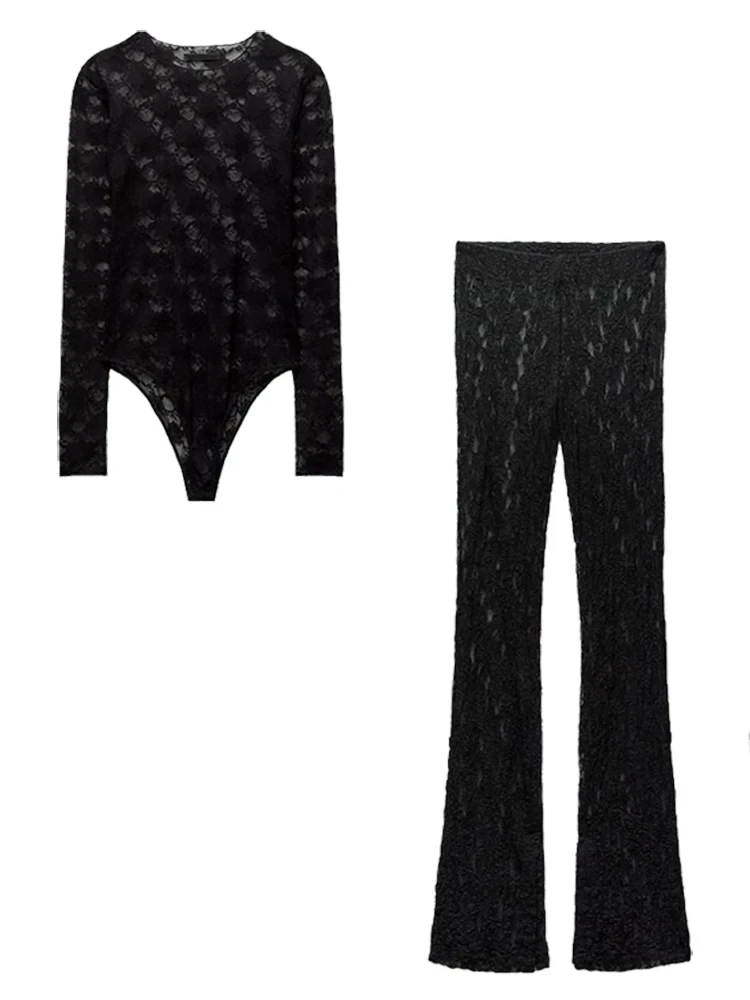 ZBZA Ladies Sexy Lace Suit Spring And Autumn Black New Transparent Split Leggings Stretch Long Sleeve Jumpsuit