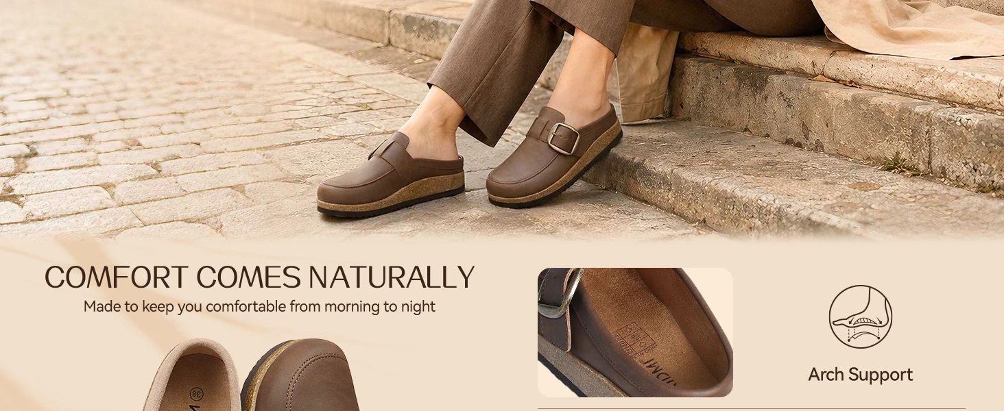 Comwarm Damen Clogs aus veganem Leder, klassisches Loafer-inspiriertes Design, Mules mit weicher Schaumstoffzwischensohle, Outdoor-Slipper für Damen – Detail 3