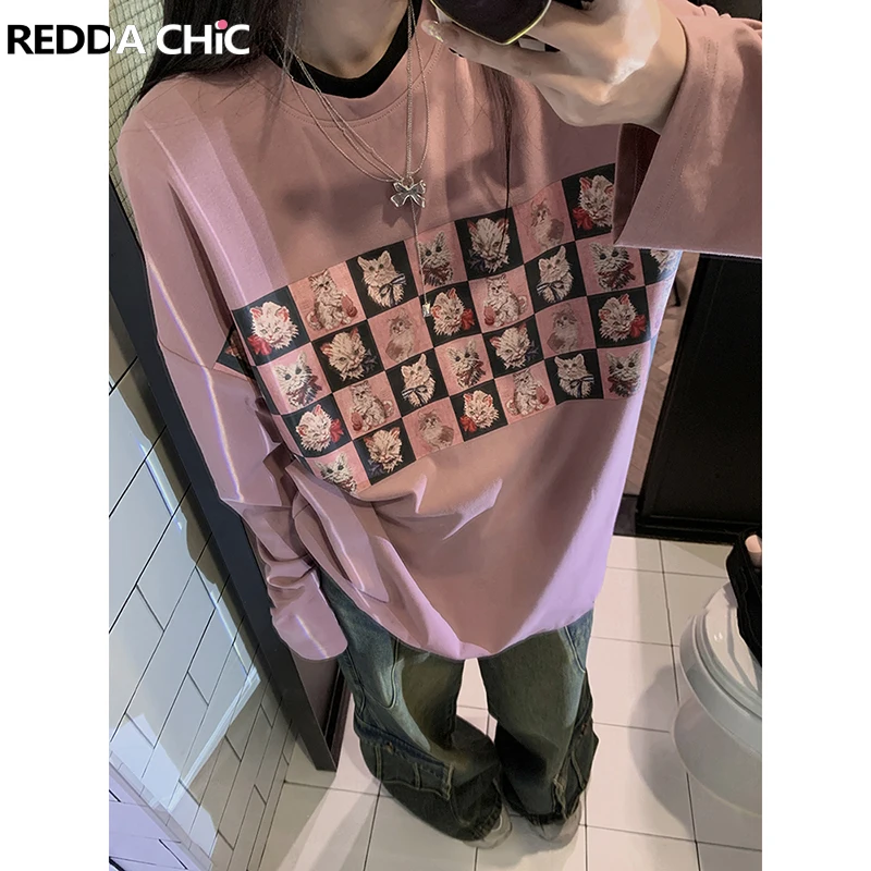 

REDDACHiC Women's Kitty Print Long Sleeves Top Pink Y2k Kawaii Autumn Casual Patchwork Oversized T-Shirt for Cat Lovers Pullover