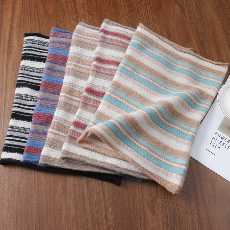 

Women 100% Wool Knitted Ring Scarf Soft Warm Wollen Striped Neckchief Korea Fashion Neck Warmer Turtleneck False Collar Girl
