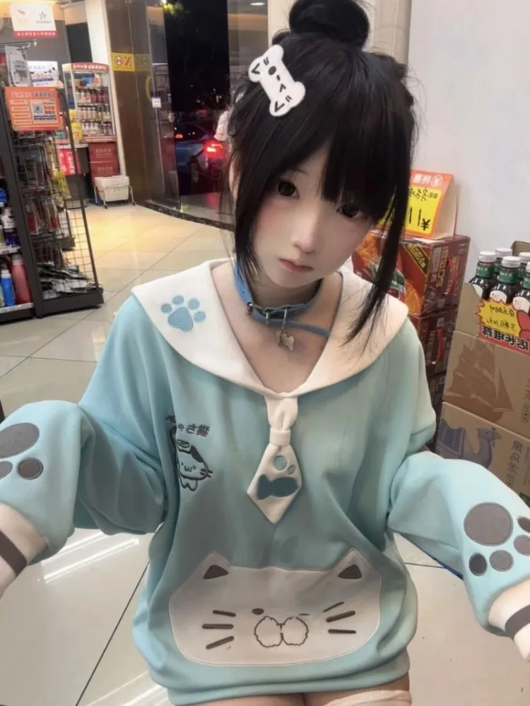 المرأة اليابانية Kawaii البحرية طوق مطرزة هوديي الحلو القط طباعة موضة البلوز الشتاء معطف فضفاض طويل الأكمام عادية #4