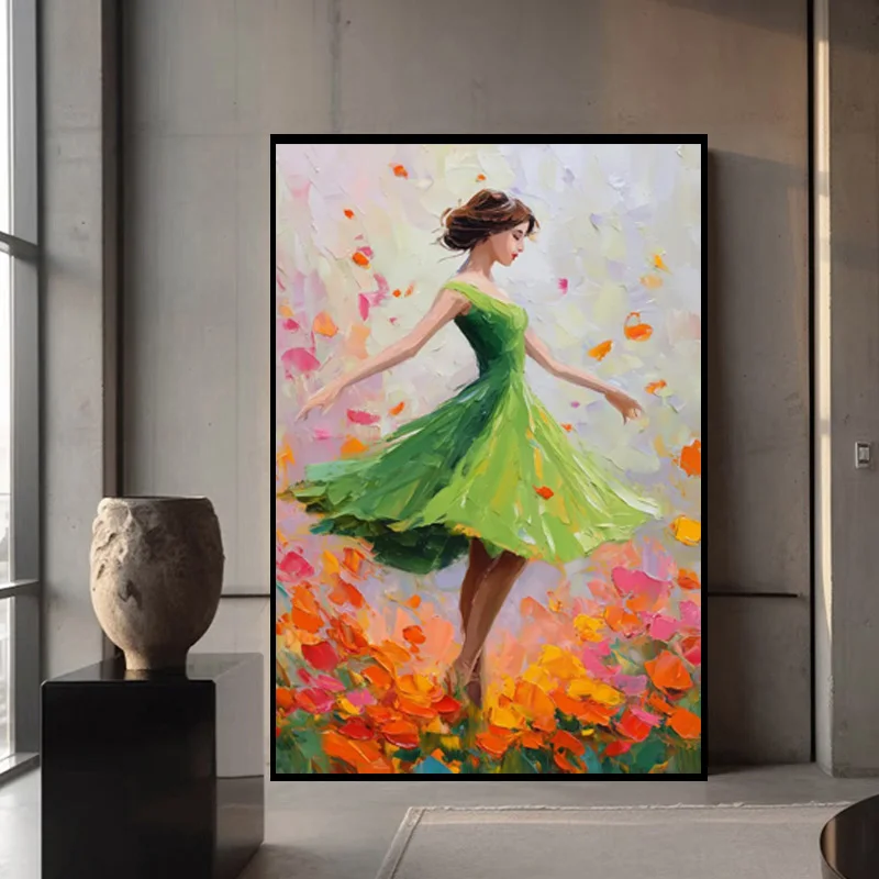 Beautiful Artwork Green Orange Girls Portrait Canvas Thick Wall Art Items New Women Wear Blue Dress Handpainted Oil Painting