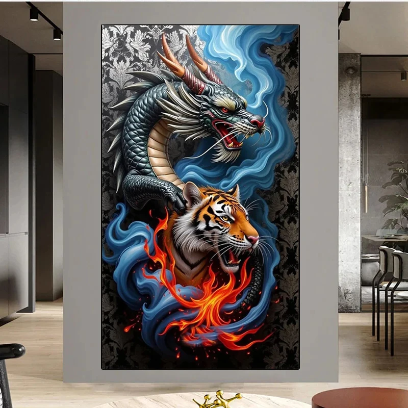 

Amazing Tiger And Dragon Diy 5D Diamond Painting Large Size Cross Stitch Kits Diamond Mosaic For Living Room Decor Animals