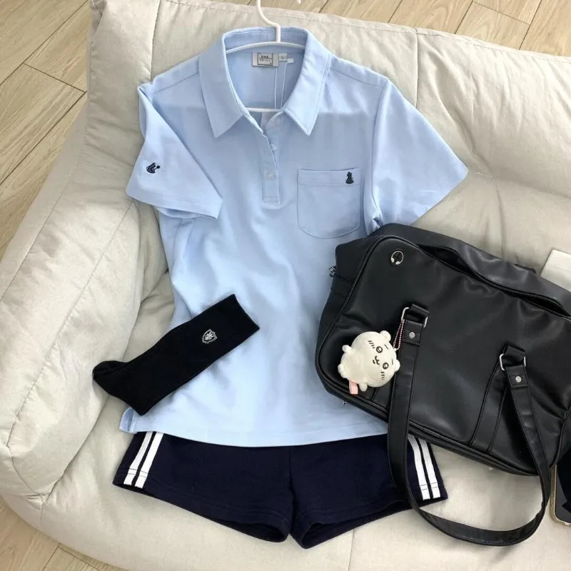 

Deeptown Blue Polo Shirts Women Shoujo JK Japanese Preppy Style White T-shirts Short Sleeve Embroidered Tees Basic Pink Tops