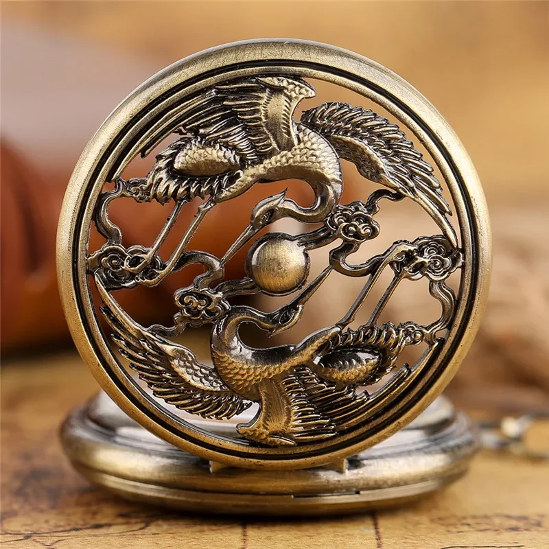 Vintage Hollow Phoenix Case Men Women Automatic Mechanical Movement Pocket Watch Pedant Chain Clock Roman Number Dial Reloj Gift