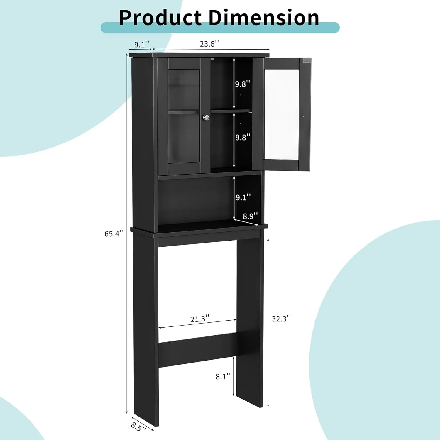 Over The Toilet Storage Cabinet, Bathroom Shelf Organizer w/ Anti-Tip Device w/ Adjustable Shelf & Glass Door, Black