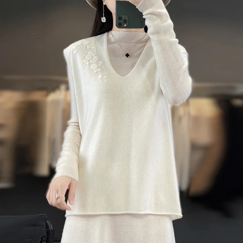 

Autumn and Winter New 100% Cashmere Vest Women's Jacquard V-neck Fashion Versatile Women's Sleeveless Tank Top 2023
