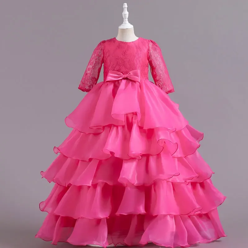 Fashion Bow Children Bridesmaid Dresses Lace Solid Color Short Sleeve Kids Dresses for Girls Summer Girls Party Dress 3-10 Years image 6