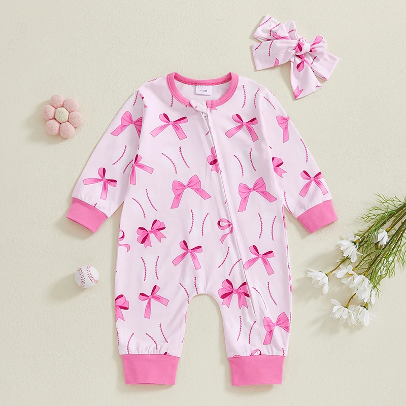 Baby Girl Spring Jumpsuit Baseball/Cherry Bow Print Zip-up Round Neck Long Sleeve Romper Headband