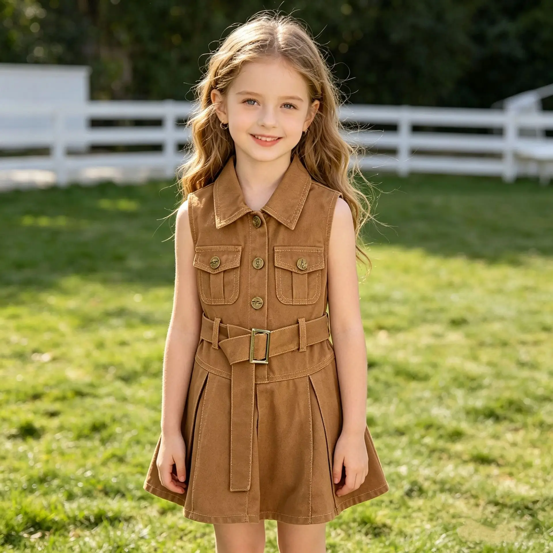 Girls Denim Dress - Sleeveless Button Up Jean Dress with Belt, Pockets, Pleated Skirt for Casual Daily & Party for Spring Summer