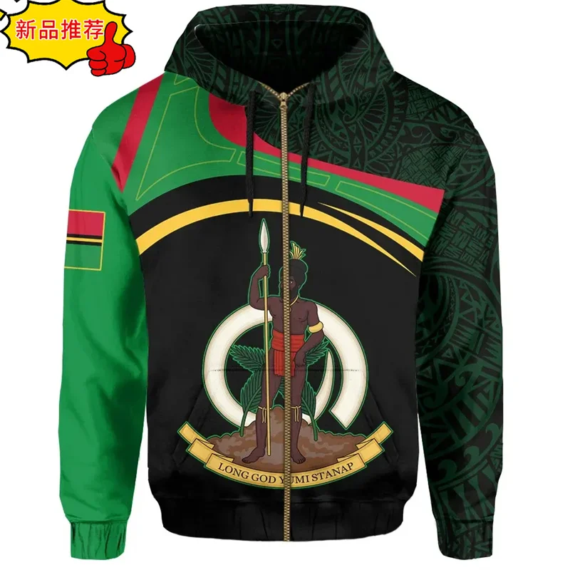 3D Vanuatu Flag Map Printing Zip Up Hoodies The RepublicOf Vanuatu Coat Of Arms Graphic Zipper Hoodies Mens Clothing Pullover