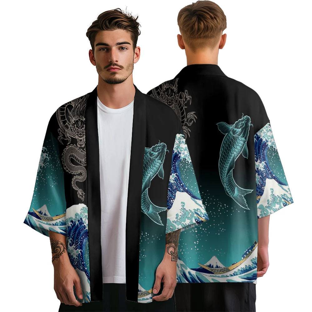 

Summer Kimono Men Fashion Hawaiian Shirt Women Cardigan Lucky Fish Kimono Yukata Japanese Clothes Beach Bathrobes Haori