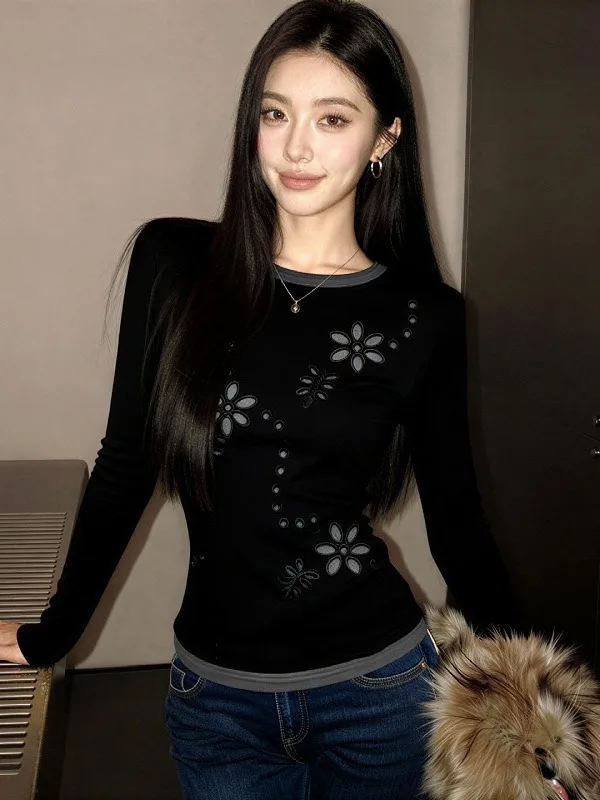 

plus Size Slimming Printed Long Sve T-irt Women's Faionable Design Casual Sle Spring New Arrival Slim Fit Top