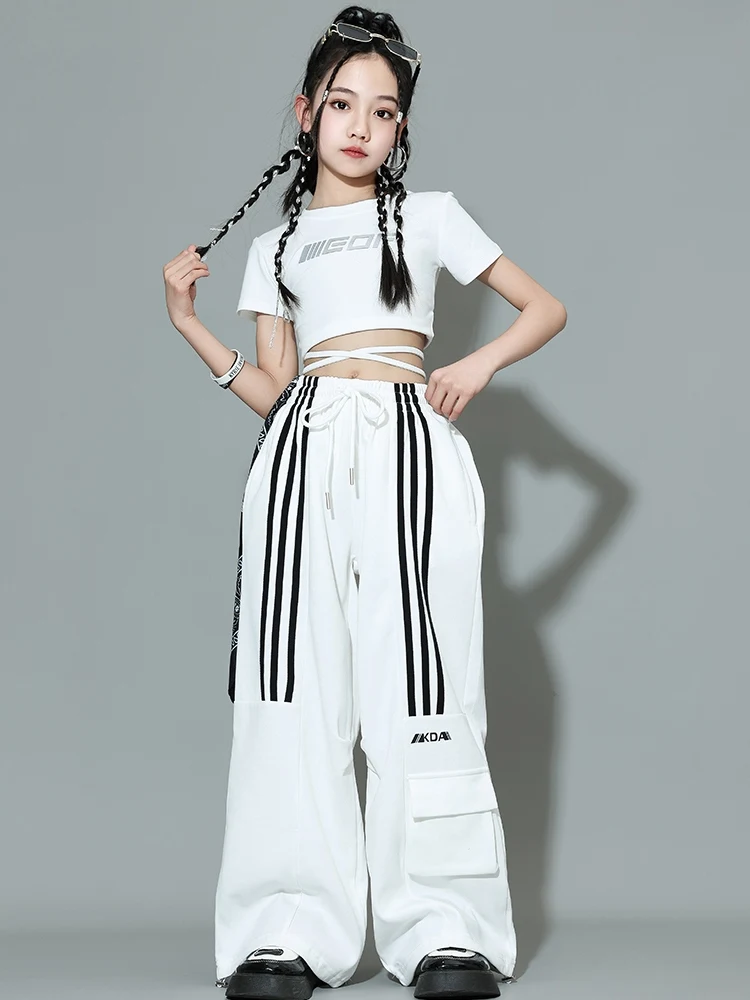 Kids Hip Hop Dance Clothes Girls White Tops Pants Jazz Practice Clothing Summer Short Sleeves Street Dance Outfit Rave BL12589