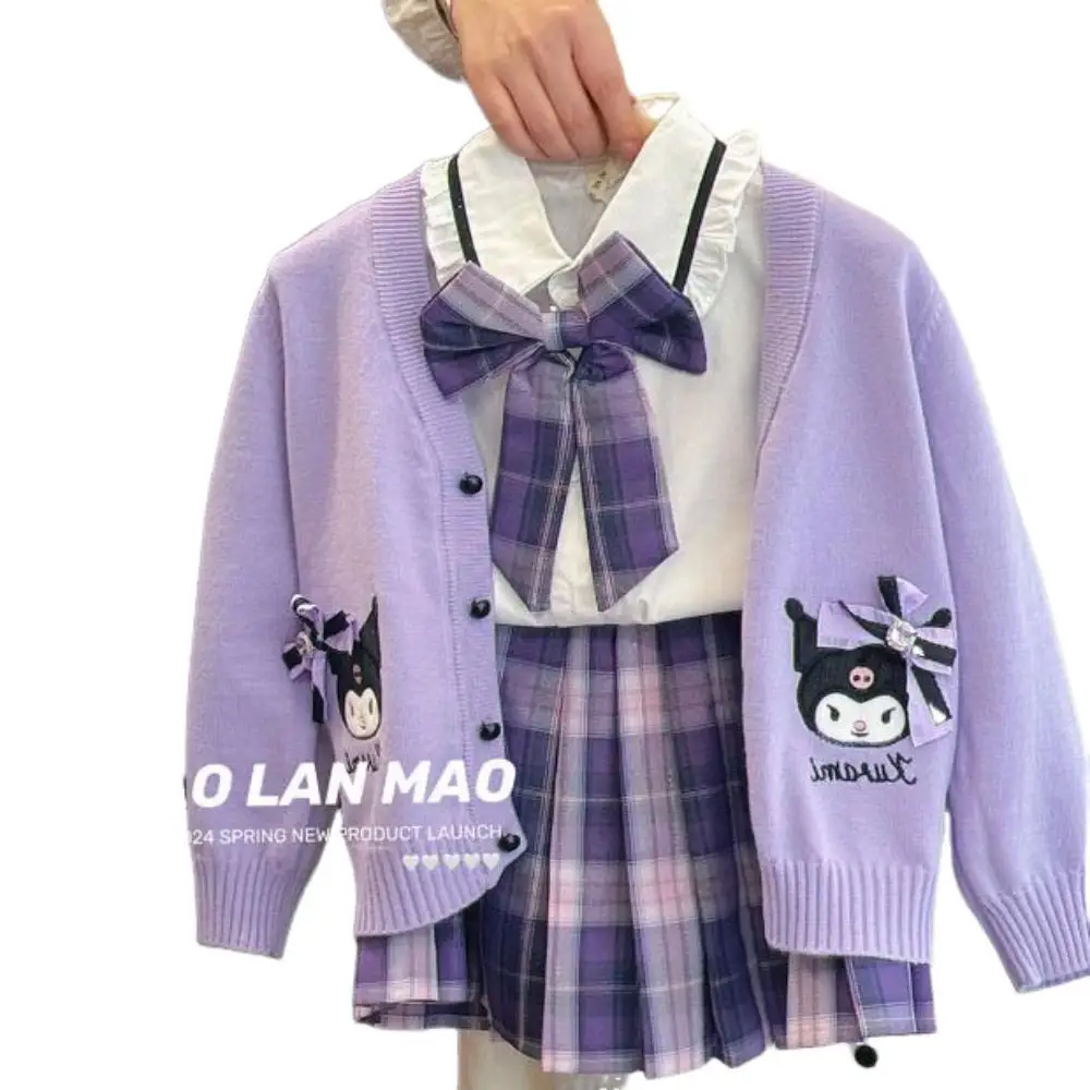 New Kuromi Childrens Cosplay Academy Style Pleated Skirt Jk Sanrio Kawaii Cartoon Knitted Cardigan Three Piece Set Clothes Gifts