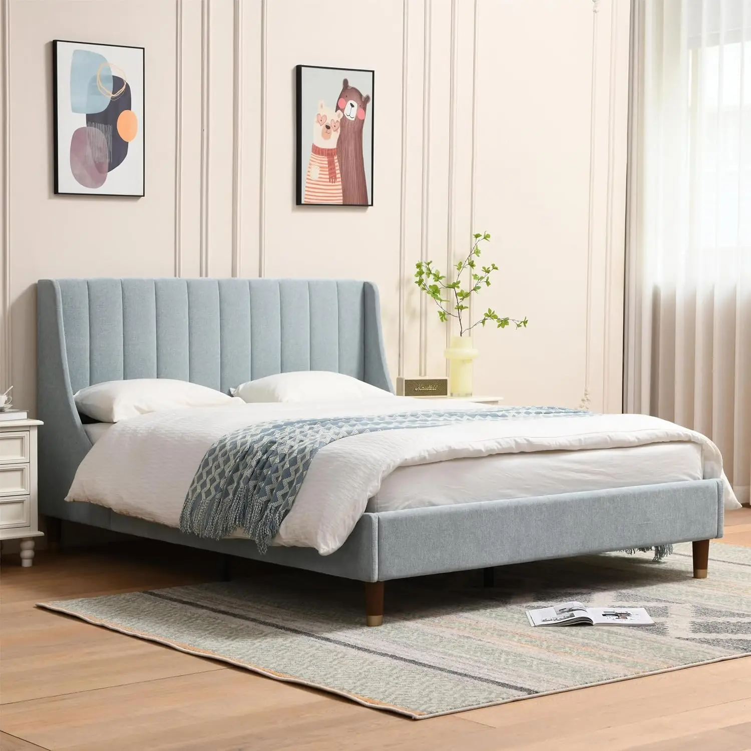 Queen Upholstered Platform Bed with Wingback Headboard, Blue, Customized